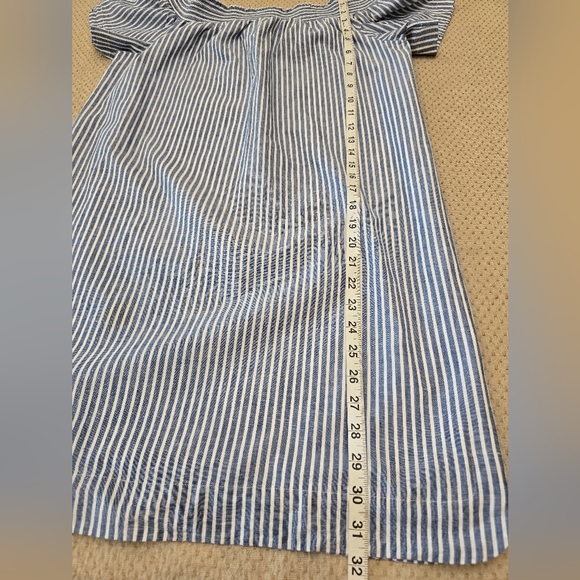 J Crew Size 10 Chambray Blue/White Stripe Dress w/Elastic Neckline Off Shoulder - Picture 7 of 12